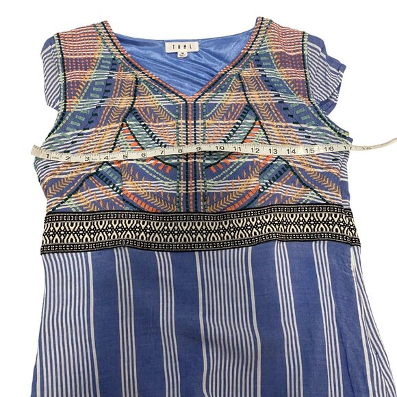 THML Blue Striped Embroidered Boho Cap Sleeve Dress Size‎ M - Picture 8 of 9